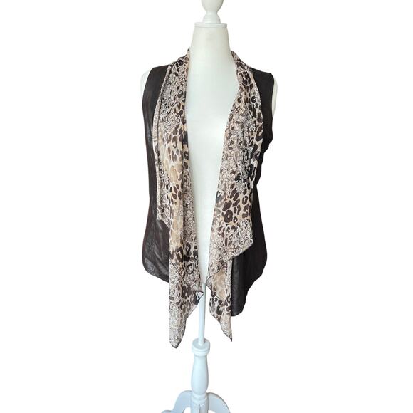 Easywear By Chico's Chiffon and Faux Leather Brown Vest Women's Size 1 (Medium) - Picture 1 of 9